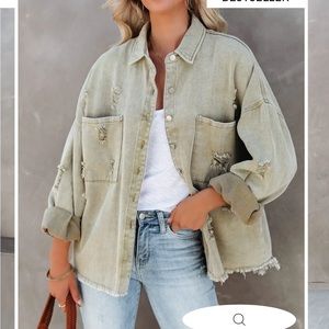 Vici sage green cotton distressed denim jacket, size small